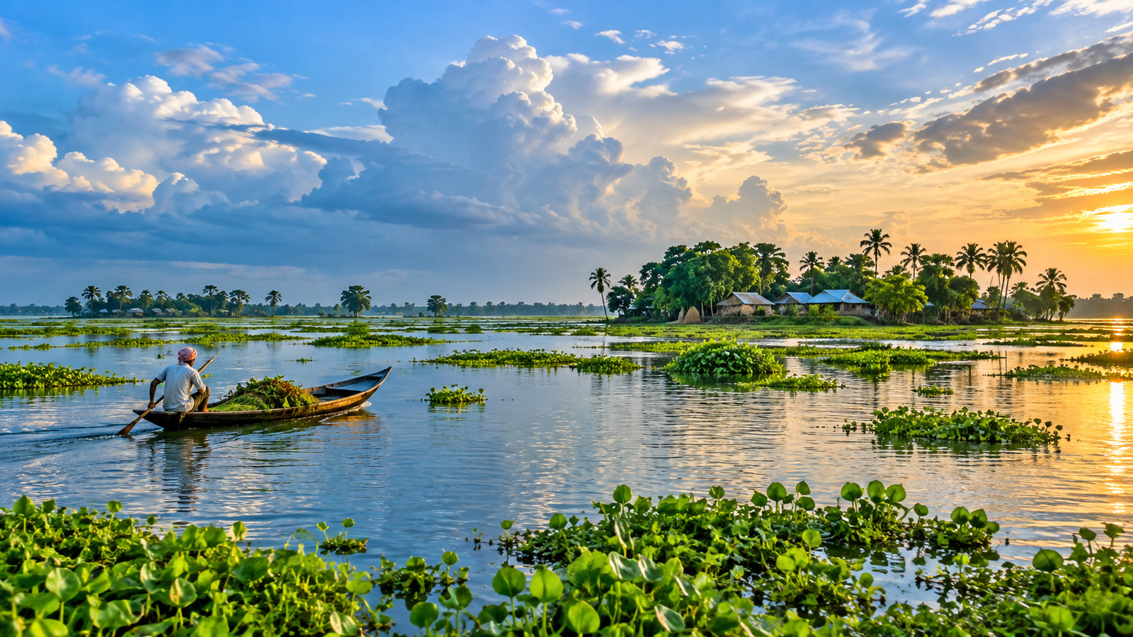 বর্ষাকালে চলনবিলের বিস্তীর্ণ জলাভূমি ও নৌকা